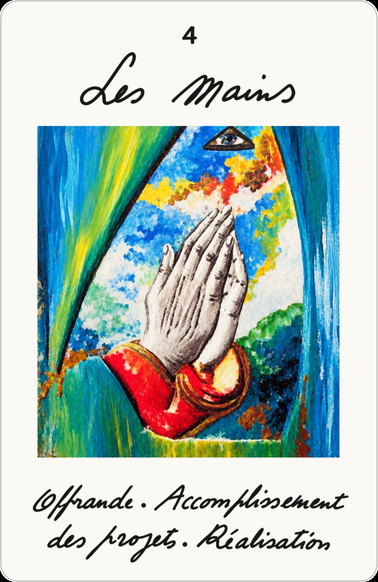 La carte Les Mains restaurée : illustration nette, titre calligraphié et mots-clés lisibles.